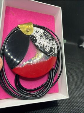 Statement Pendant Necklace Black Red Gold